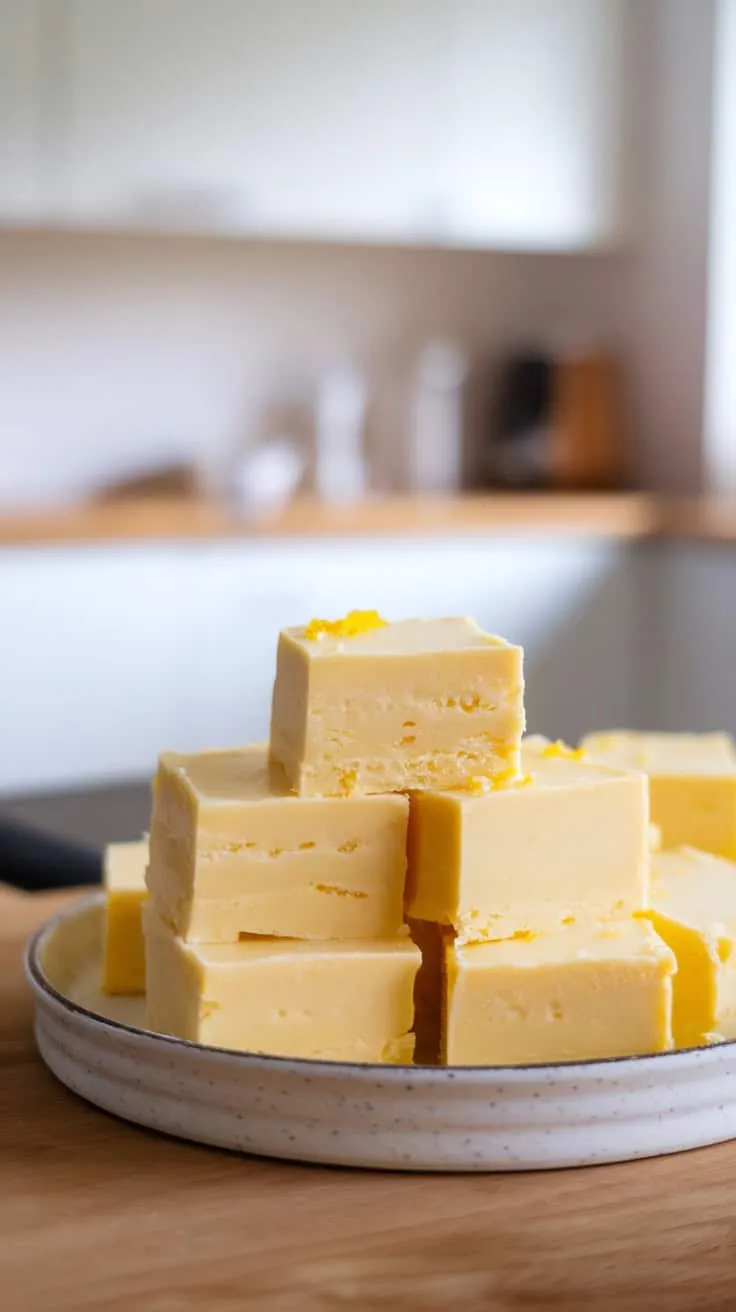 A plate of lemon fudge squares stacked up
