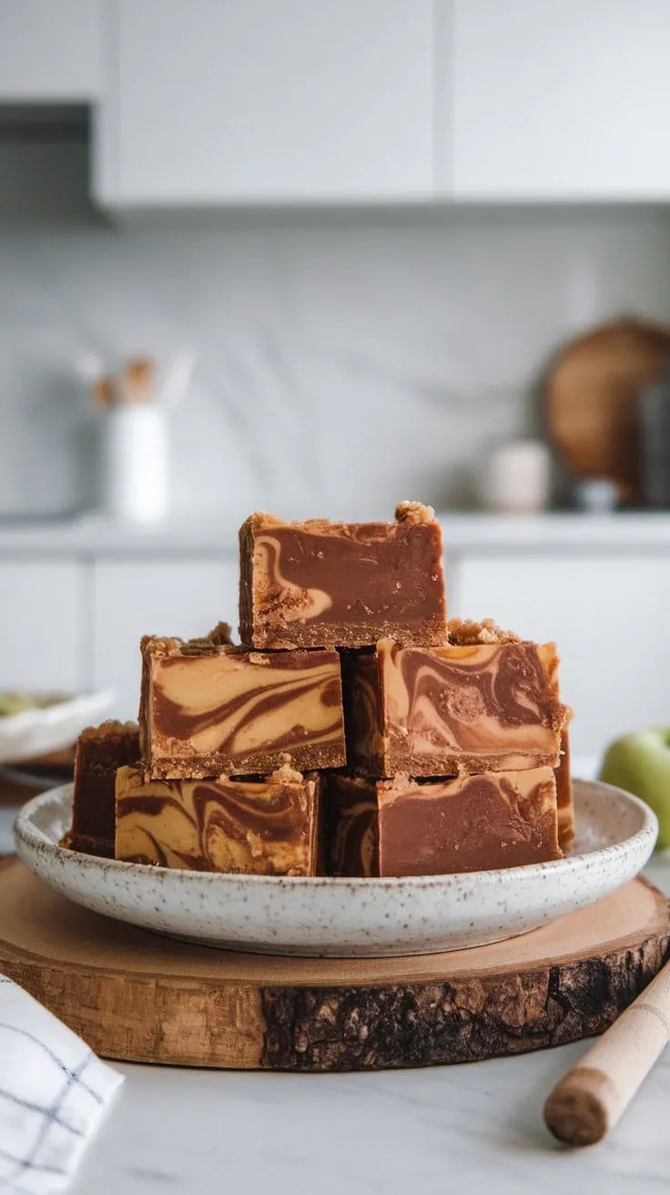 A plate stacked with apple pie fudge in a modern kitchen setting
