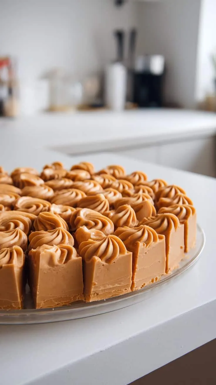A close-up view of beautifully swirled peanut butter fudge pieces arranged on a plate.