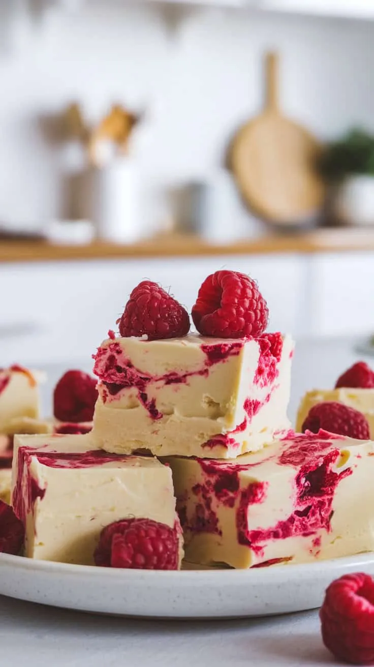 A plate of white chocolate raspberry fudge with fresh raspberries on top.