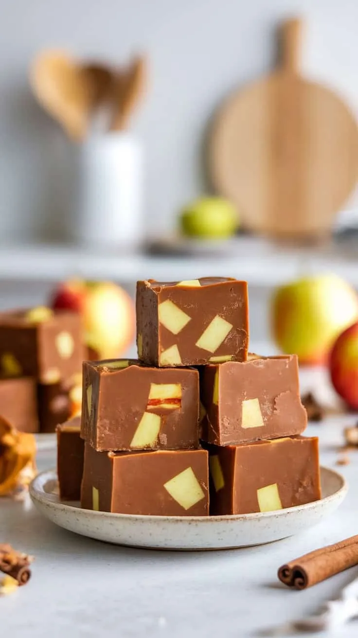 A plate of Apple Cinnamon Fudge stacked with apples and cinnamon sticks in the background.