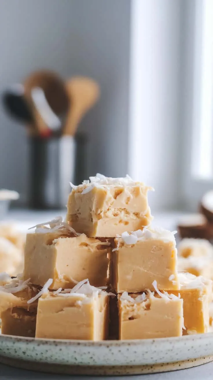 A close-up image of coconut fudge pieces on a plate.