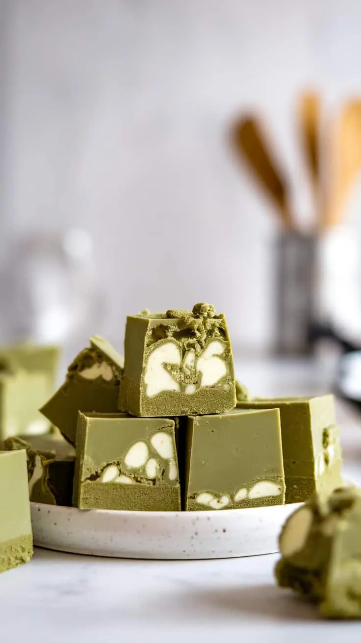 A plate of matcha white chocolate fudge in squares with a creamy swirl