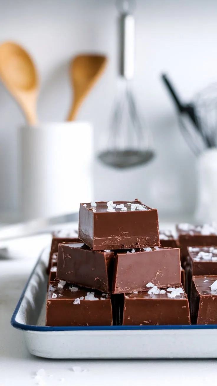 Sea salt dark chocolate fudge stacked on a tray.