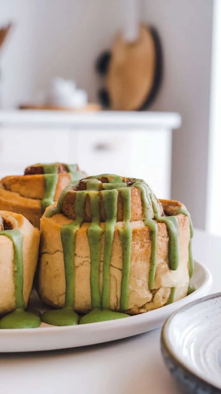 Plate of matcha glazed cinnamon rolls with a green drizzle on top