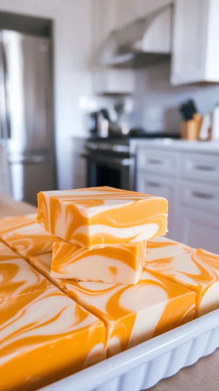 A stack of creamy orange and white swirled fudge on a kitchen counter.