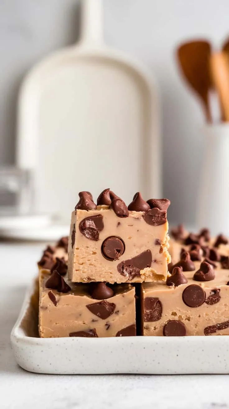 Delicious chocolate chip cookie dough fudge squares topped with chocolate chips.