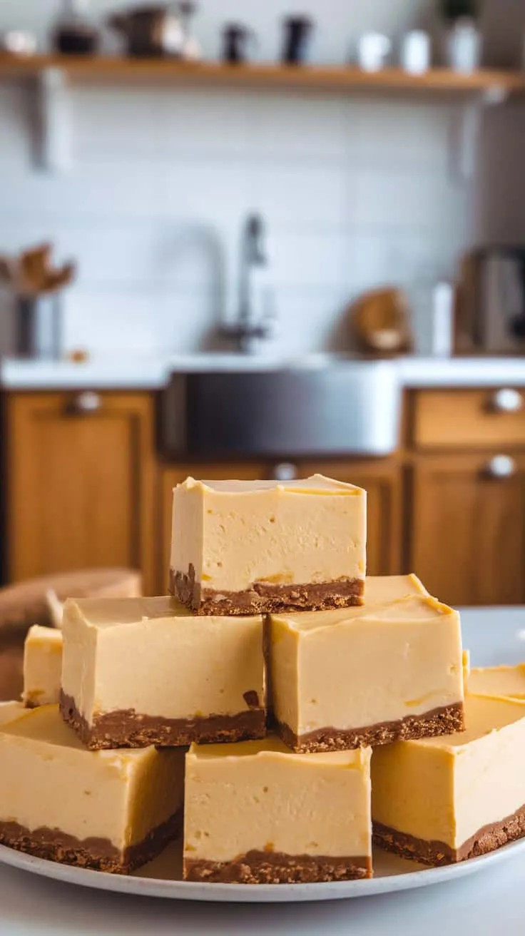 A plate stacked with creamy cheesecake fudge, showing a smooth, rich texture and a crumbly base.