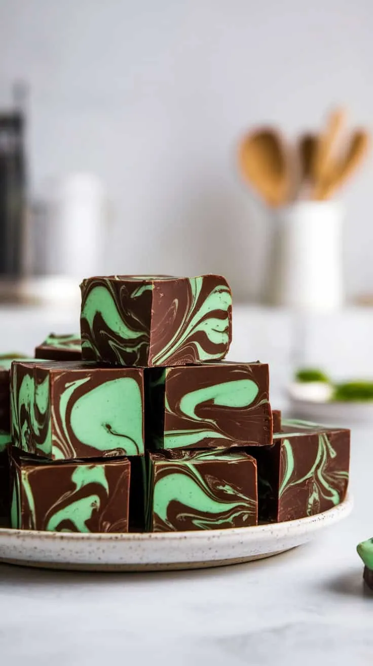A plate of mint chocolate fudge with swirls of green and brown.