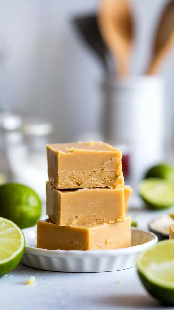 A plate of creamy Key Lime Fudge stacked with lime slices around it