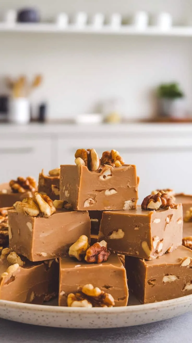 A plate of creamy maple walnut fudge topped with whole walnuts.
