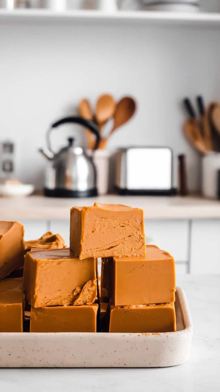 A plate of creamy pumpkin spice fudge cubes stacked together in a kitchen setting.