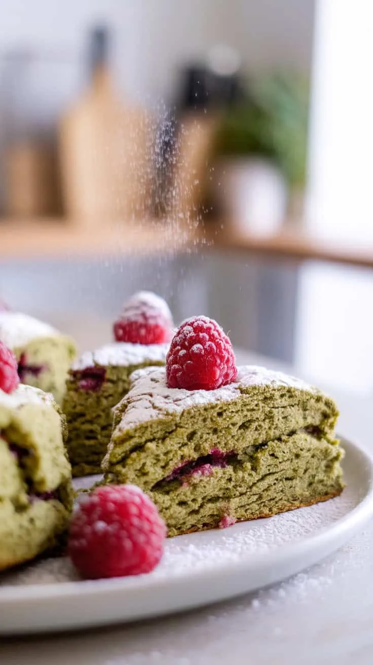 A plate of raspberry matcha scones dusted with powdered sugar, topped with fresh raspberries.