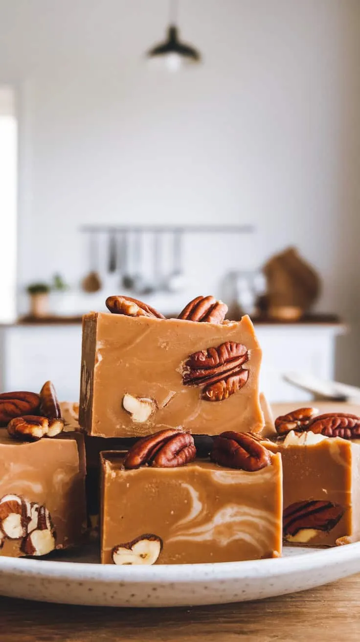 A plate of pecan praline fudge with whole pecans on top