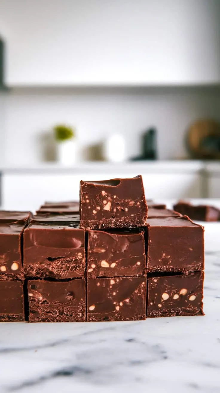 Close-up of classic chocolate fudge cubes stacked on a marble surface.