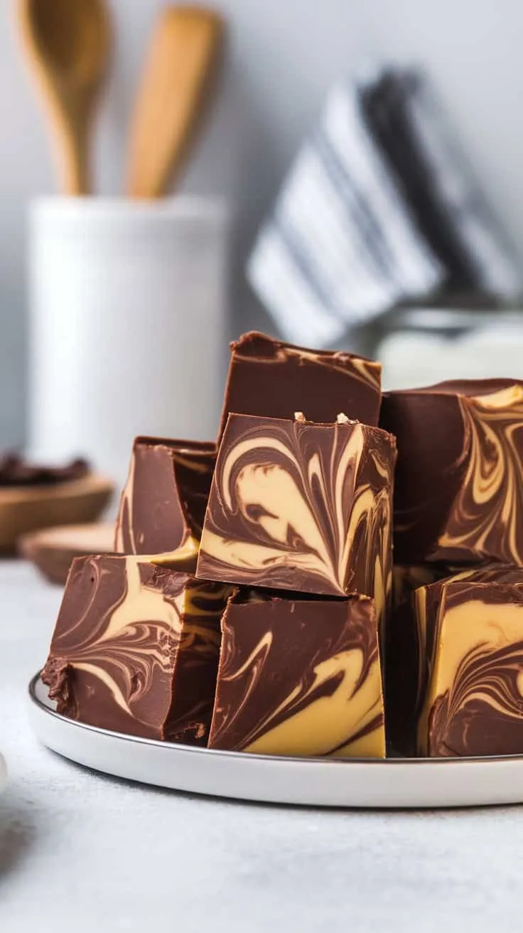 A plate of Peanut Butter Chocolate Swirl Fudge squares