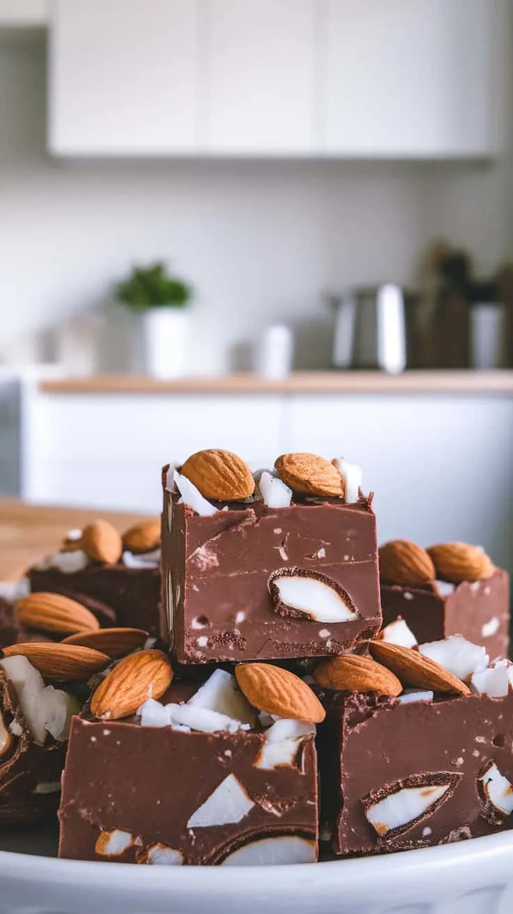 Delicious Almond Joy Fudge topped with almonds and coconut