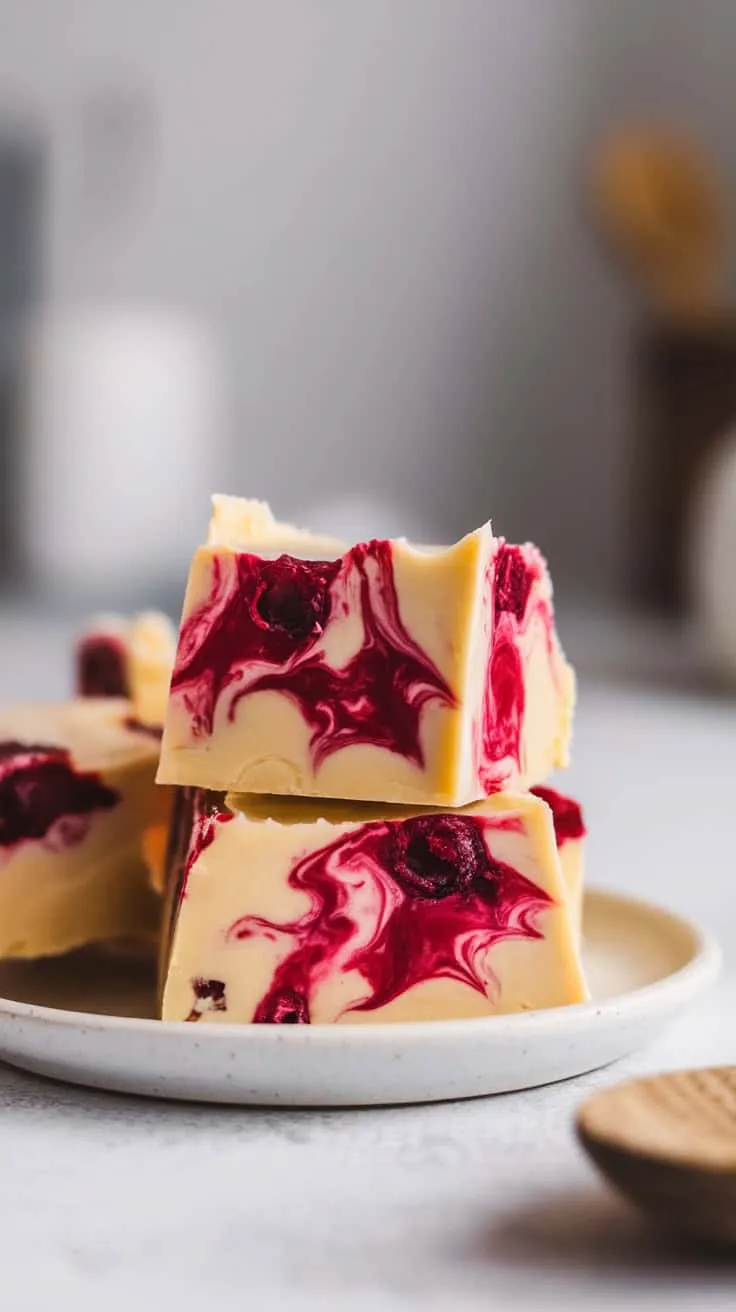 A plate of Cherry Vanilla Fudge with red swirls