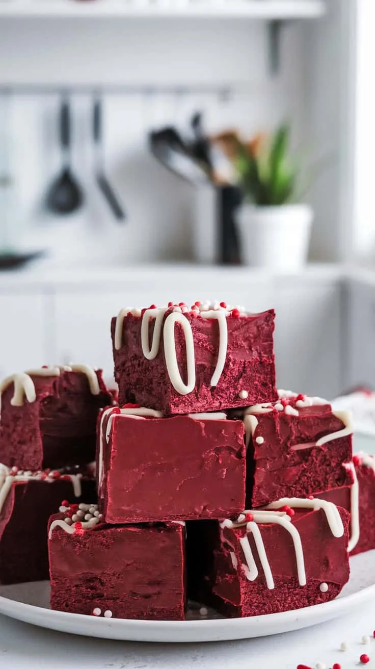 A stack of red velvet fudge with white drizzle and sprinkles.