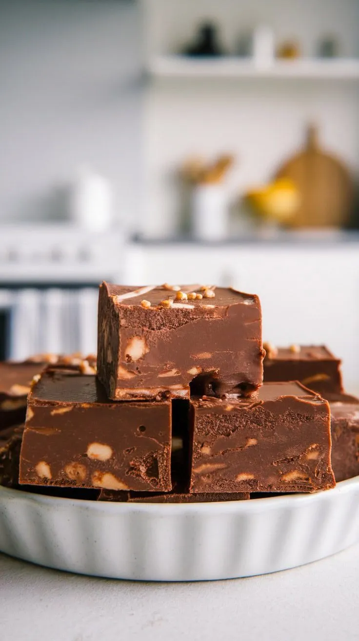 Delicious Nutella fudge pieces stacked on a white plate
