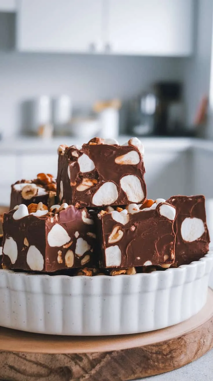 A plate of Rocky Road Fudge with nuts and marshmallows on a wooden board