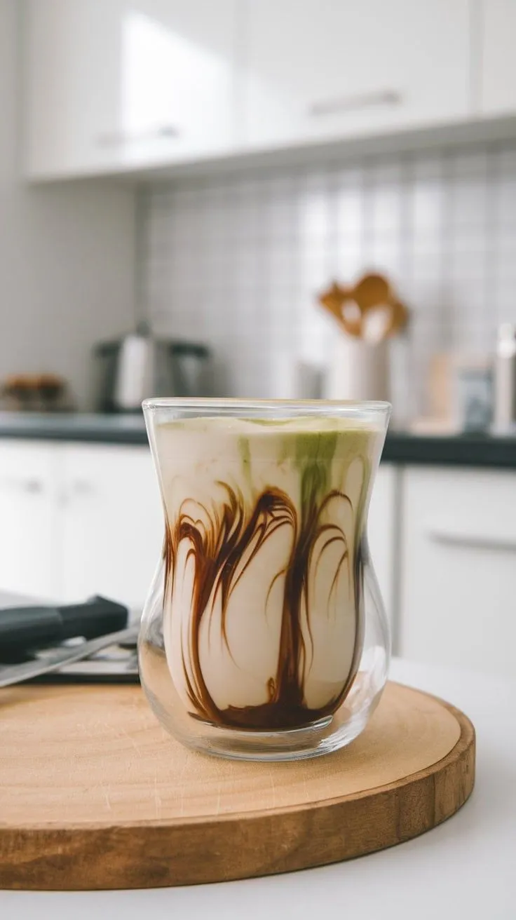 A beautifully layered Dirty Matcha Latte in a glass cup, showcasing green matcha and rich coffee swirls.