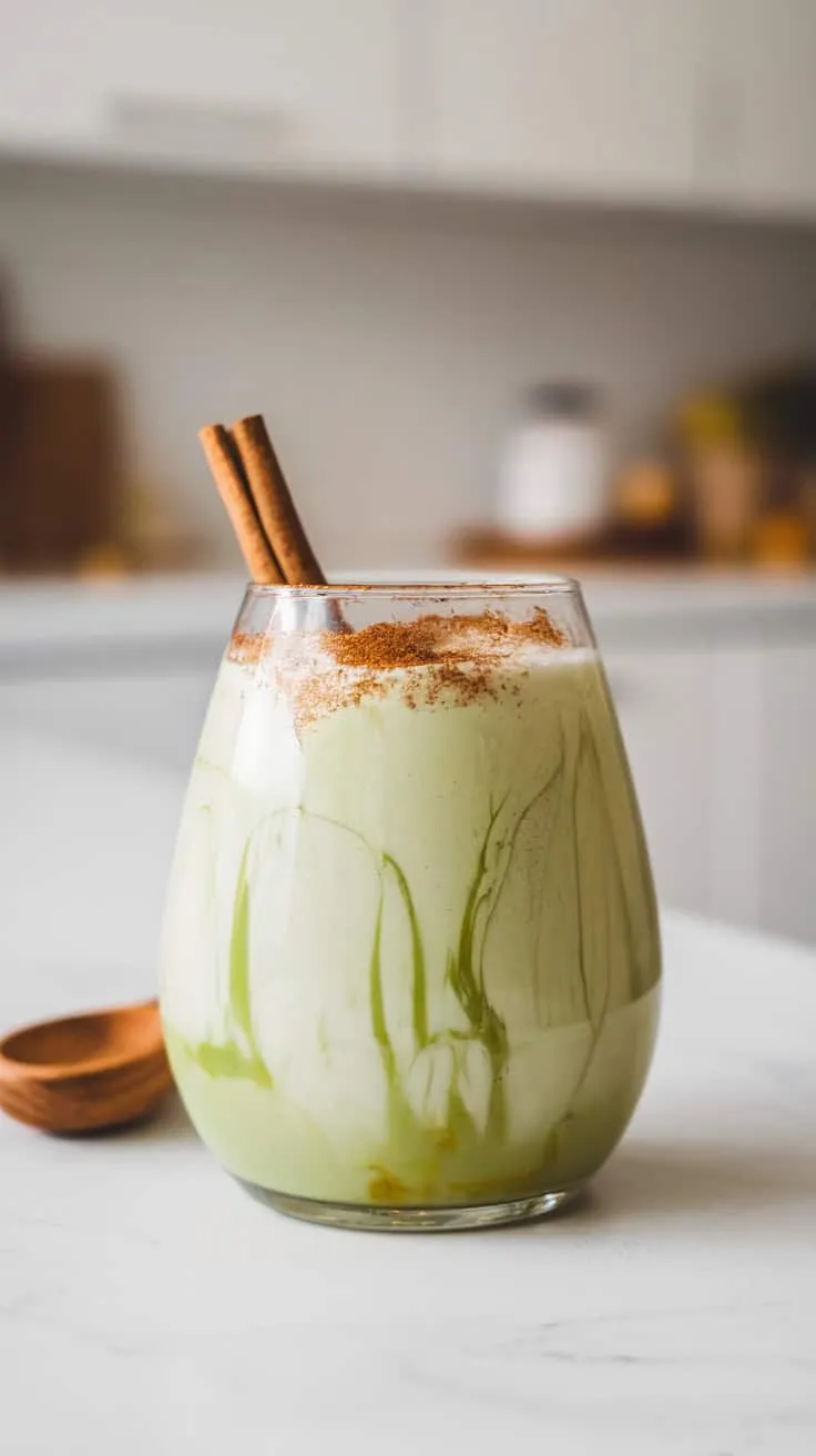 A glass of matcha horchata topped with cinnamon sticks.