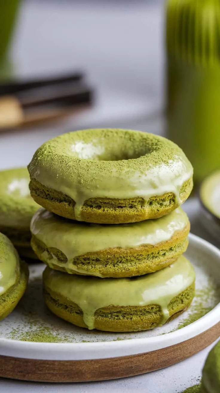 Stack of matcha baked donuts with cream cheese glaze