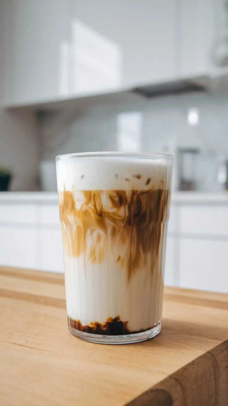 A glass of creamy iced coffee with matcha swirls