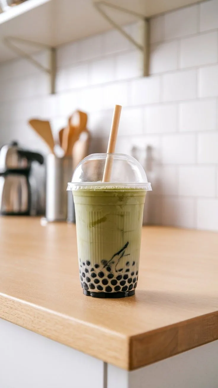 A cup of matcha bubble tea with tapioca pearls on a wooden table.