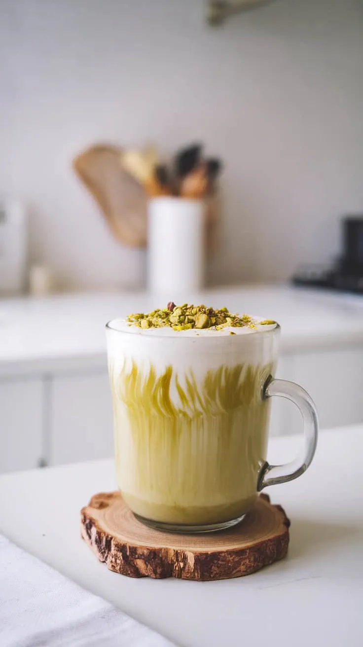 A pistachio matcha latte topped with crushed pistachios, served in a clear glass on a wooden coaster.