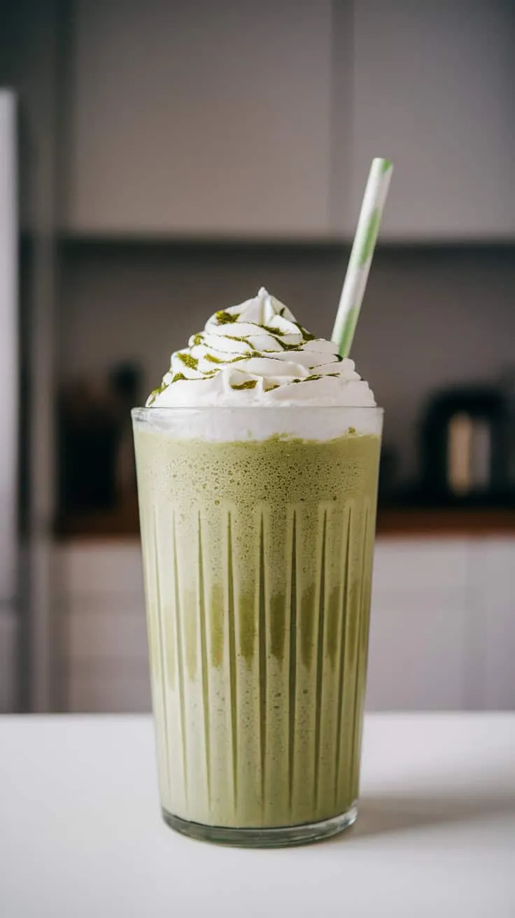 A creamy matcha milkshake topped with whipped cream and a drizzle of matcha.