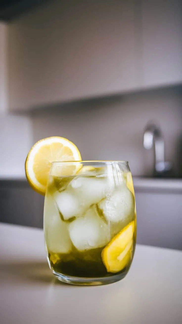 A refreshing glass of matcha lemonade with lemon slices on the rim.