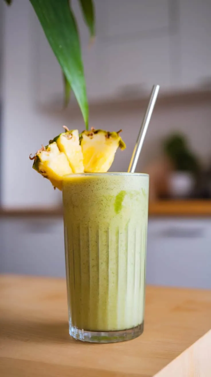 A glass of Pineapple Matcha Green Smoothie topped with pineapple slices and a metal straw