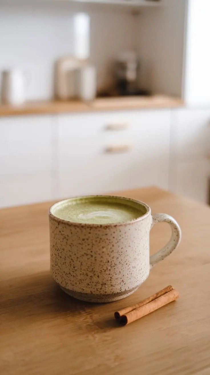 A warm Cinnamon Matcha Latte in a speckled mug with cinnamon sticks