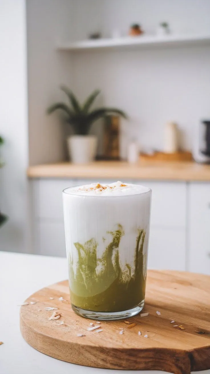 A glass of Matcha Coconut Cloud drink with green matcha and white coconut foam, placed on a wooden board.