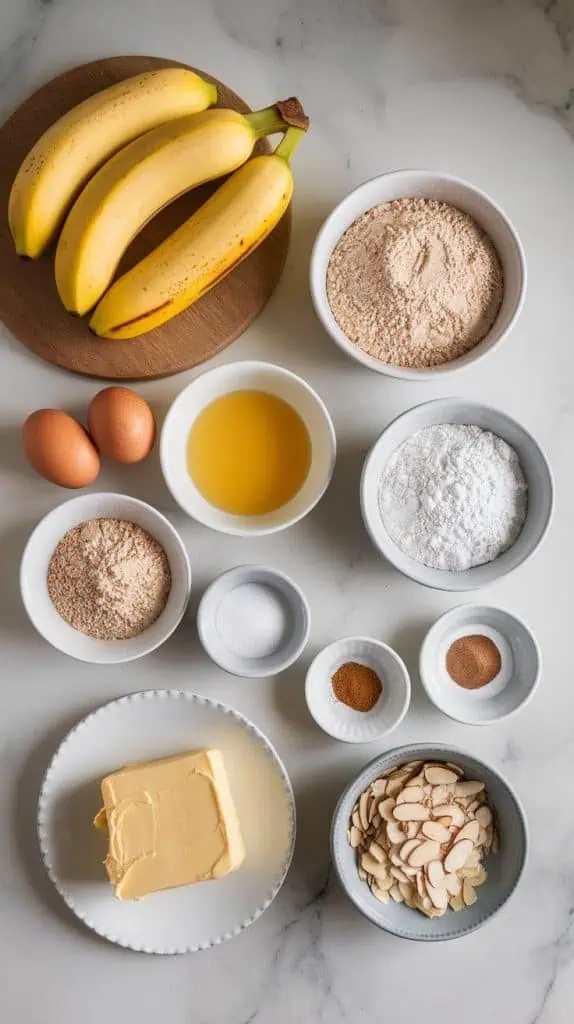 almond croissant banana bread arranged on a white marble countertop with hints of gold