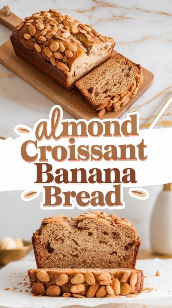 a freshly baked almond croissant banana bread, golden brown with a crispy almond topping