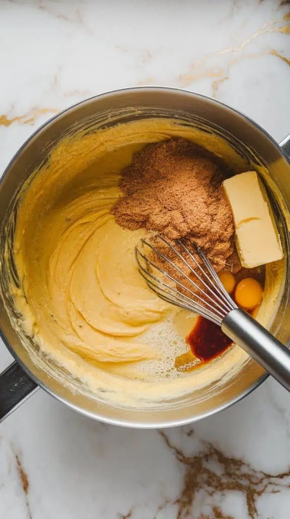a large mixing bowl with mashed bananas, melted butter, packed brown sugar, eggs, and vanilla extract