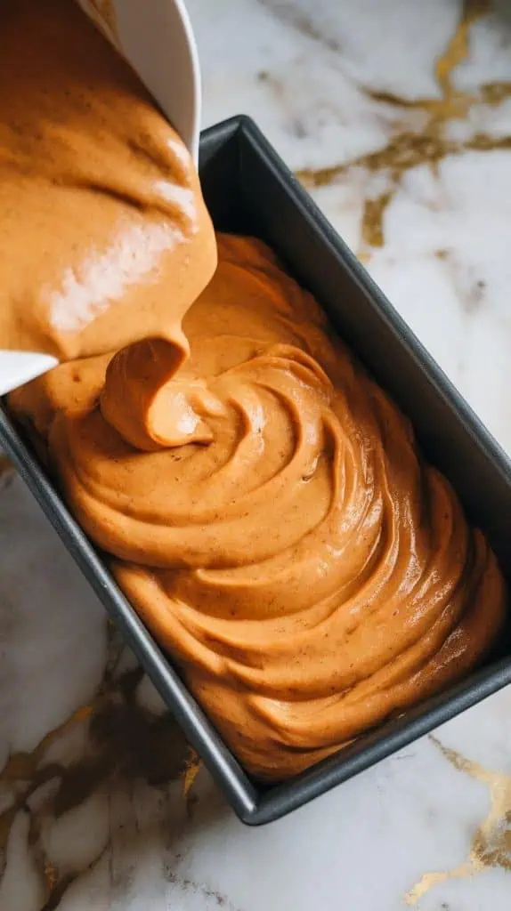 thick carrot-banana batter being poured into a loaf pan, spreading evenly