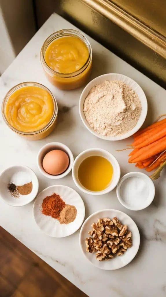 a small plate of mashed bananas, a small plate of shredded carrots, a small plate of almond flour, a small plate of eggs, a small plate of maple syrup, a small plate of melted coconut oil, a small plate of vanilla extract, a small plate of cinnamon, a small plate of nutmeg, a small plate of baking soda, a small plate of salt, and a small plate of chopped walnuts