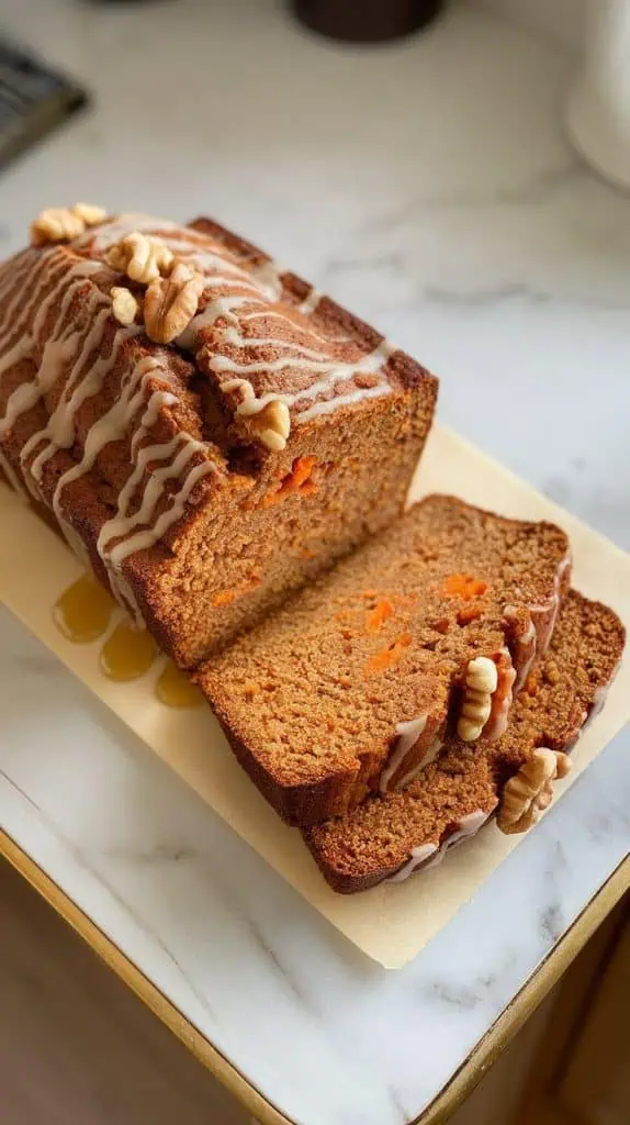 a golden, moist banana carrot bread loaf resting on a wire cooling rack, with honey being drizzled over the top