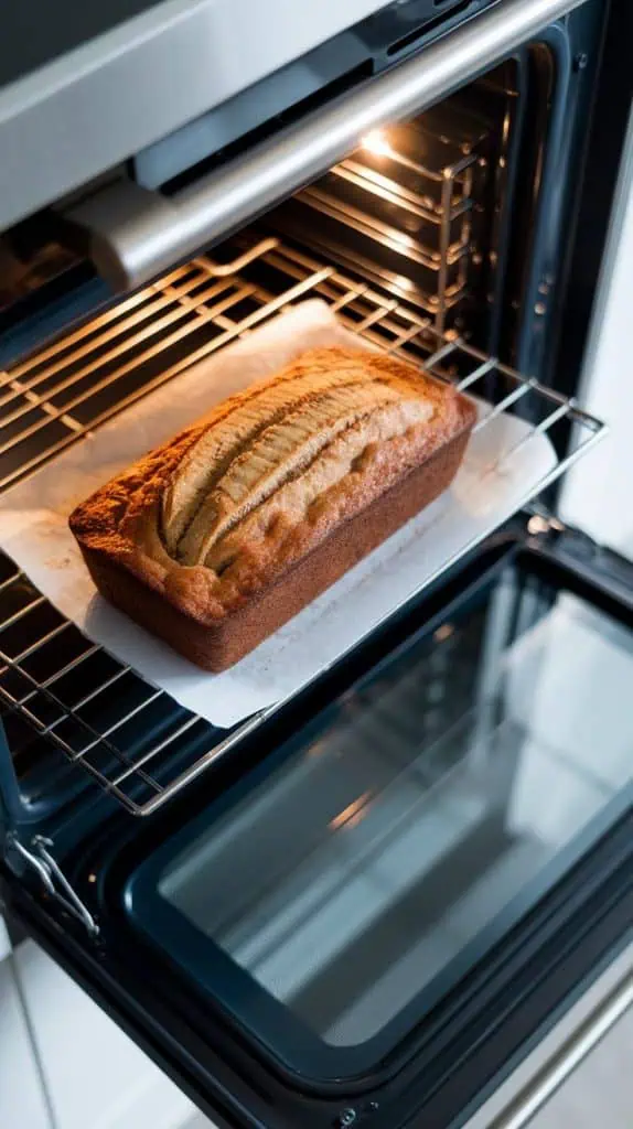 a loaf of banana carrot bread baking inside a modern stainless steel double oven, its golden crust rising perfectly