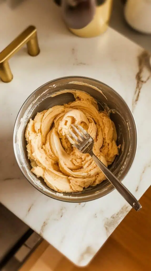 a mixing bowl filled with mashed bananas, slightly chunky with a creamy texture