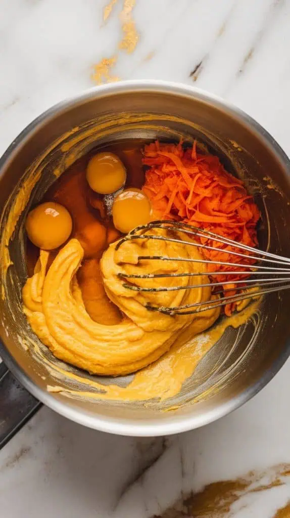 a mixing bowl with mashed bananas, bright orange shredded carrots, cracked eggs, golden maple syrup, melted coconut oil, and vanilla extract being whisked together