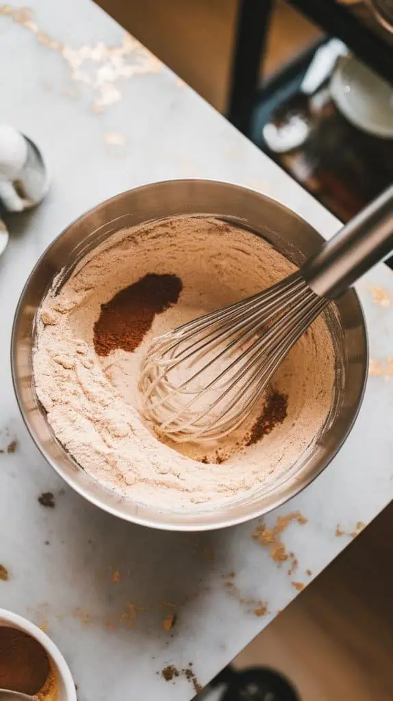 a mixing bowl with almond flour, cinnamon, nutmeg, baking soda, and salt being whisked into a light, fluffy mixture
