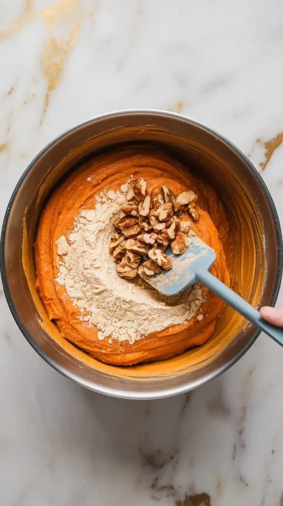 a spatula folding the almond flour mixture into the wet carrot-banana batter, creating a thick, slightly textured mixture