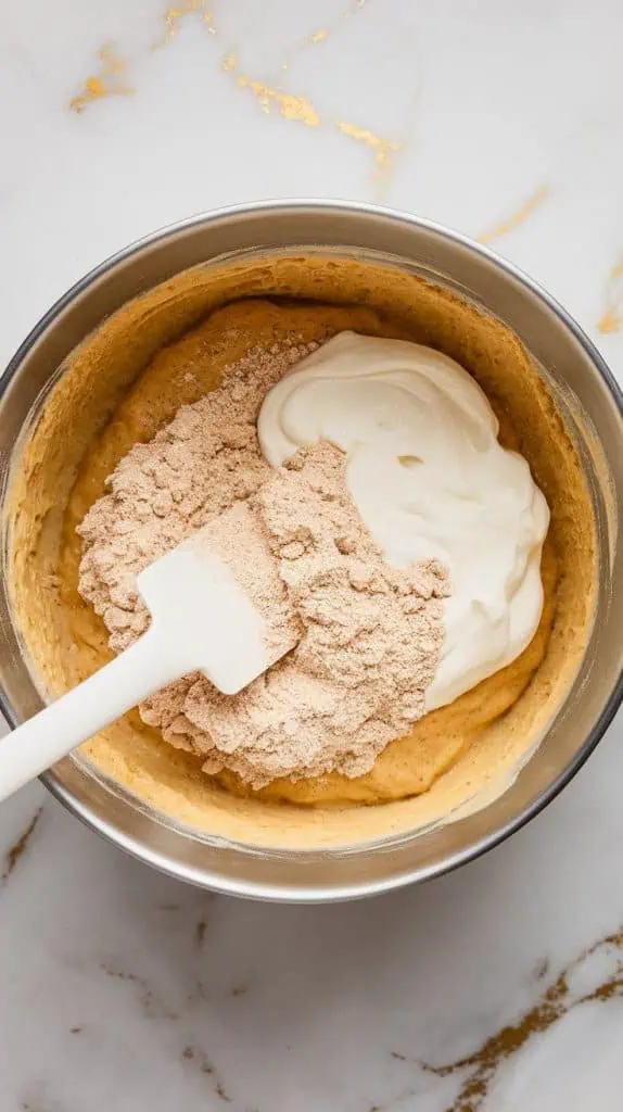 a spatula folding the dry flour mixture into the banana batter, creating a thick, slightly lumpy texture