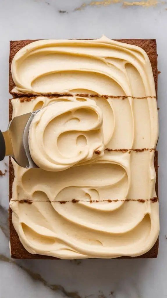 a thick layer of creamy cream cheese frosting being spread over the banana bars with an offset spatula
