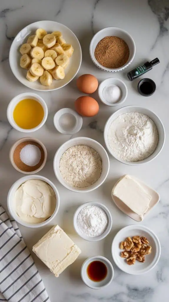 a small plate of mashed bananas, a small plate of melted butter, a small plate of brown sugar, a small plate of granulated sugar, a small plate of eggs, a small plate of vanilla extract, a small plate of all-purpose flour, a small plate of baking powder, a small plate of baking soda, a small plate of cinnamon, a small plate of salt, a small plate of sour cream, a small plate of softened cream cheese, a small plate of softened butter, a small plate of powdered sugar, a small plate of extra vanilla extract, and a small plate of chopped walnuts